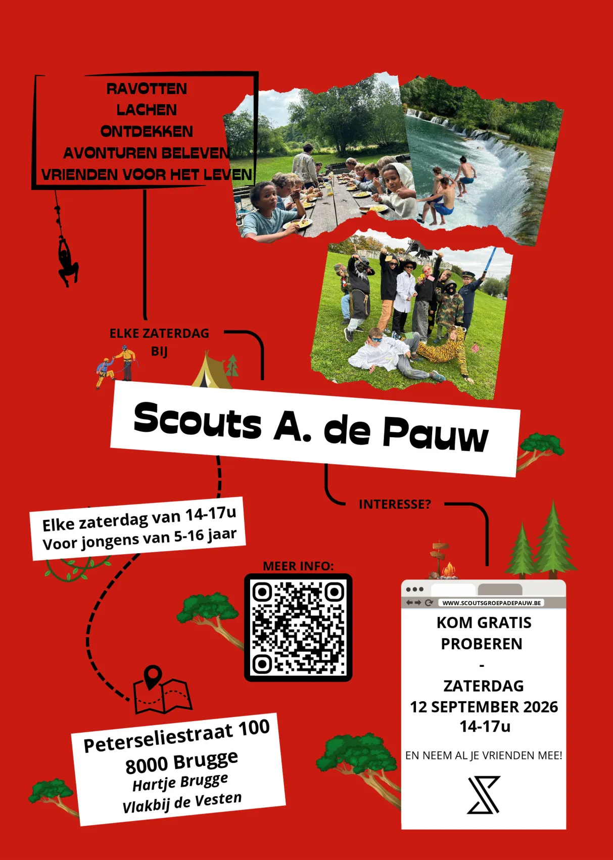 Rode affiche van Scoutsgroep A. de Pauw met foto's van activiteiten, het adres Peterseliestraat 100 in Brugge en de uitnodiging om op zaterdag 12 september 2026 gratis te komen proberen